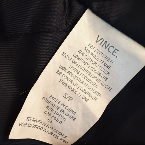 VINCE Black White Tweed Shawl Collar Asymmetric Zip Coat Ribbed Leather Size S - Picture 10 of 15